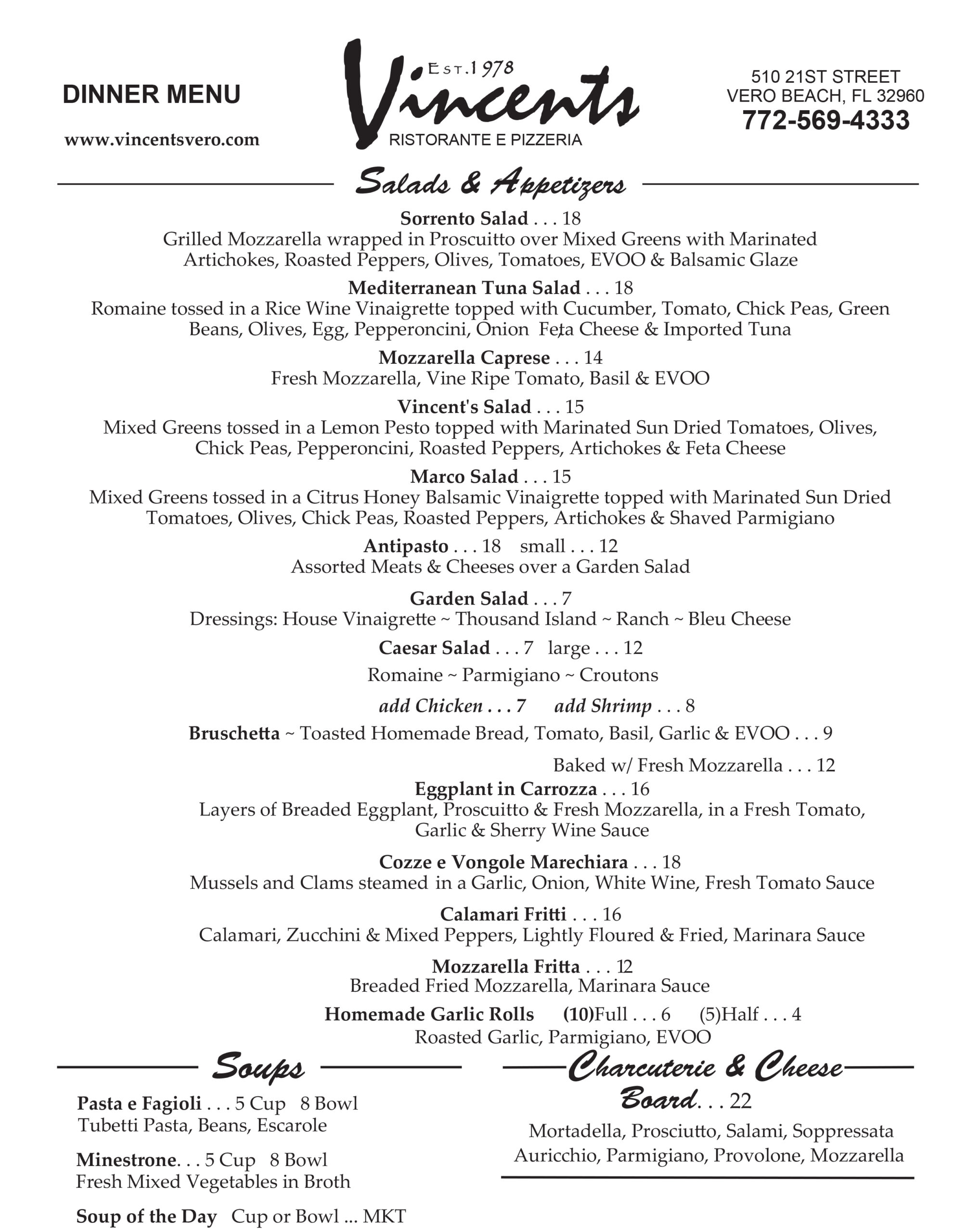 Vincent's Pizzeria Menu