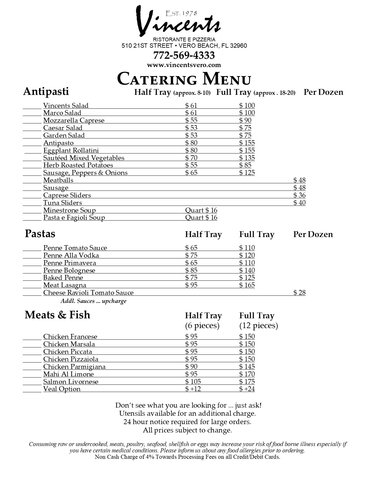 Vincent's Pizzeria Menu